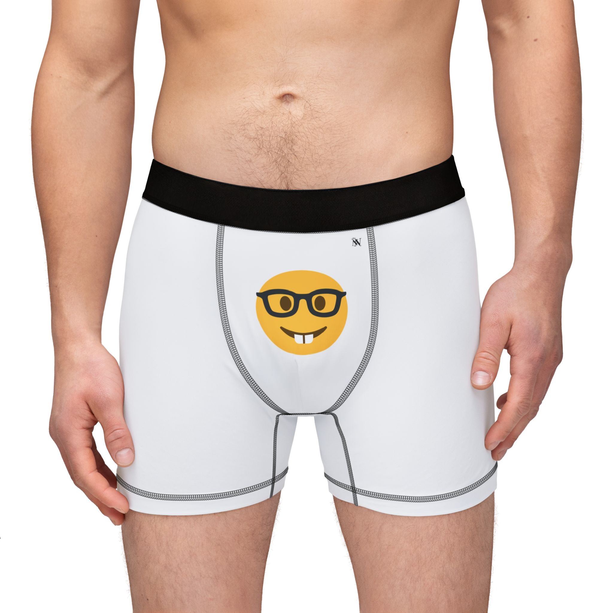 Sexy Nerd Emoji flirty men's cum boxer briefs in white with a playful nerd emoji design on the front. Comfortable and stylish men's underwear.