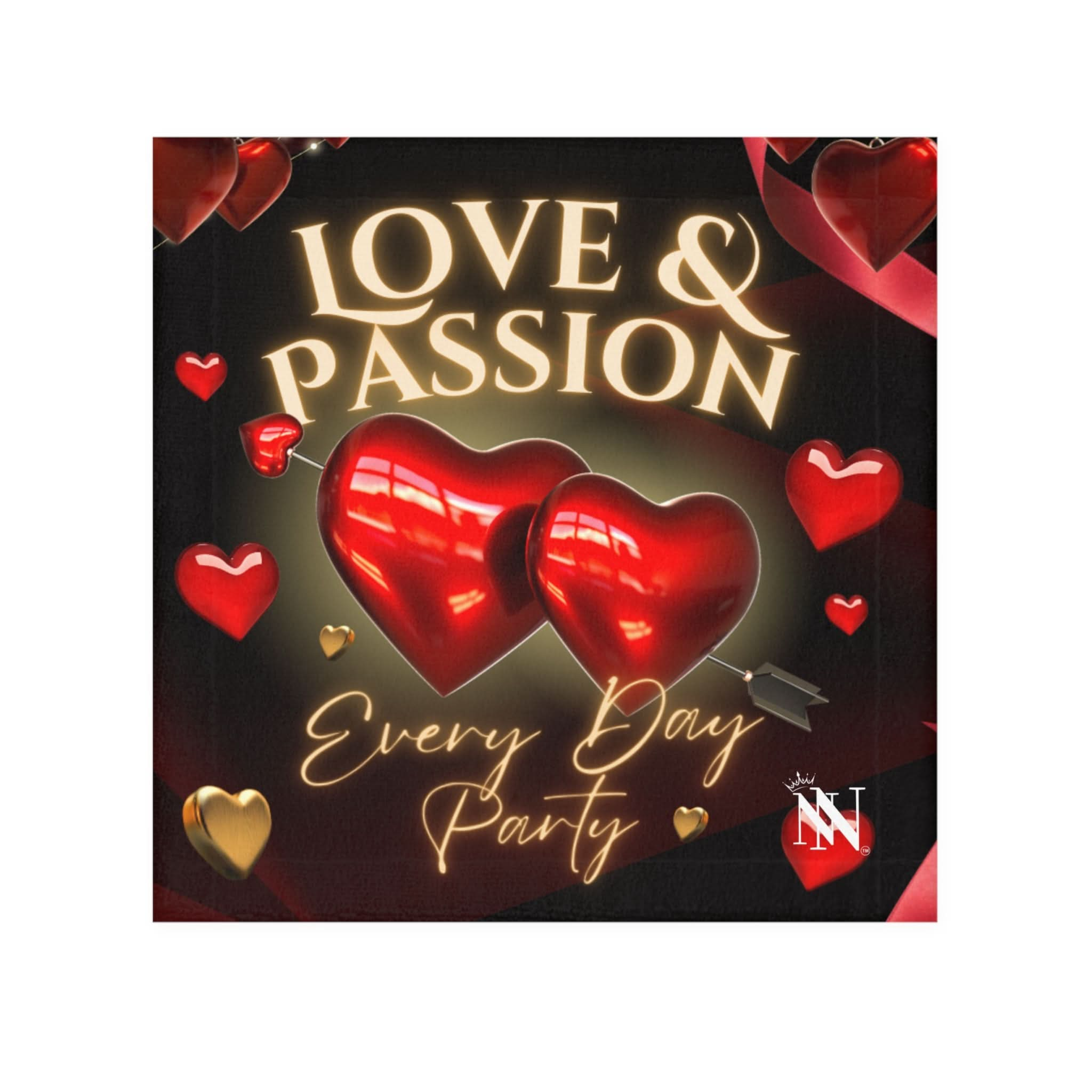 Love & Passion Everyday Best After-Sex Towel featuring red and gold heart graphics with playful text, perfect for intimate moments.