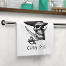 Cum Pirate After-Sex Cum Towel displayed on a bathroom towel rack, featuring a pirate skull design for playful and sexy decor.