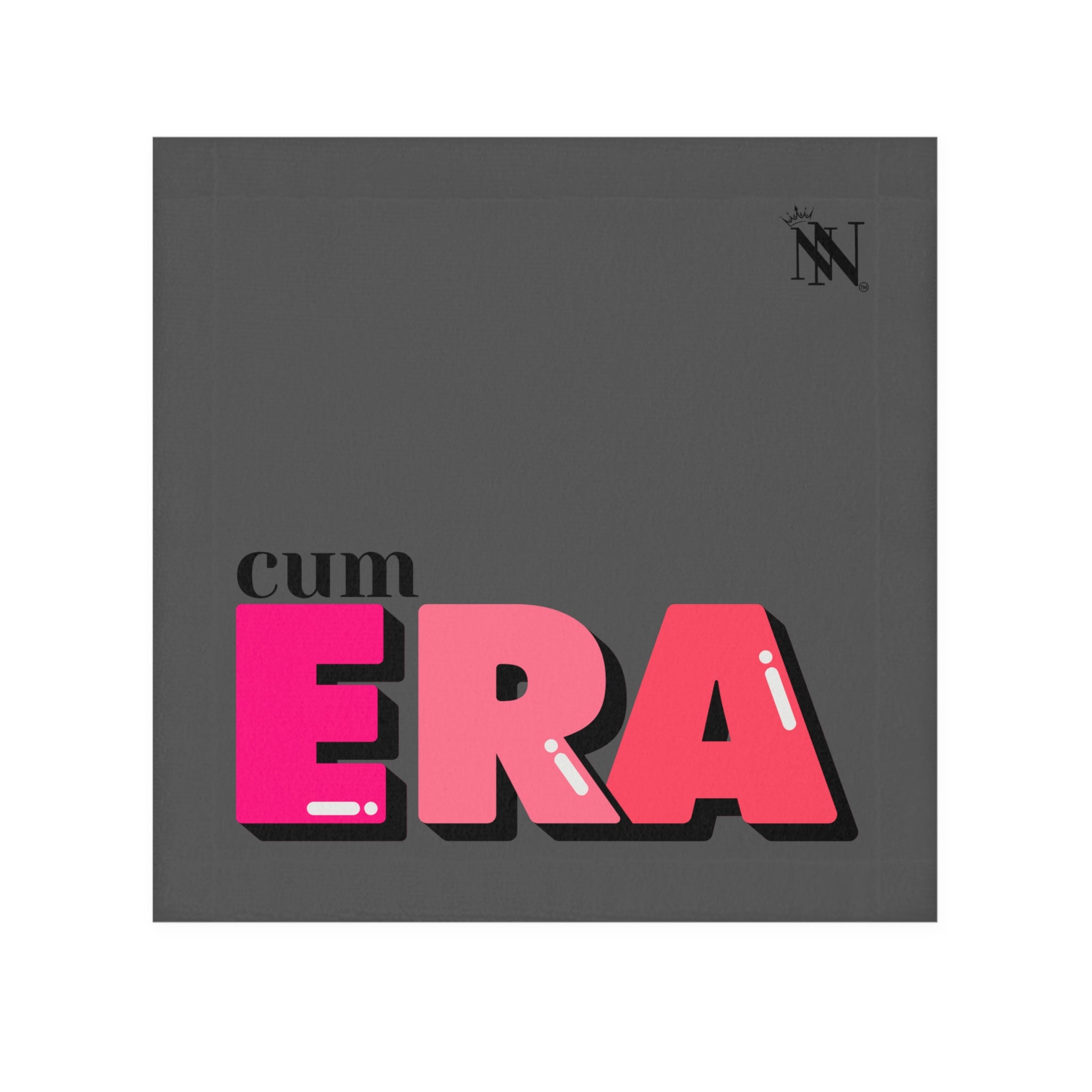 Cum Era After-Sex Cum Towel in dark gray with bold pink and red lettering. Fun, flirty, and soft design for intimate moments.