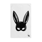 Bunny Mask Sex Cum Towel featuring a bold black bunny mask design on a soft white towel. Fun, sexy, and absorbent for intimate moments.