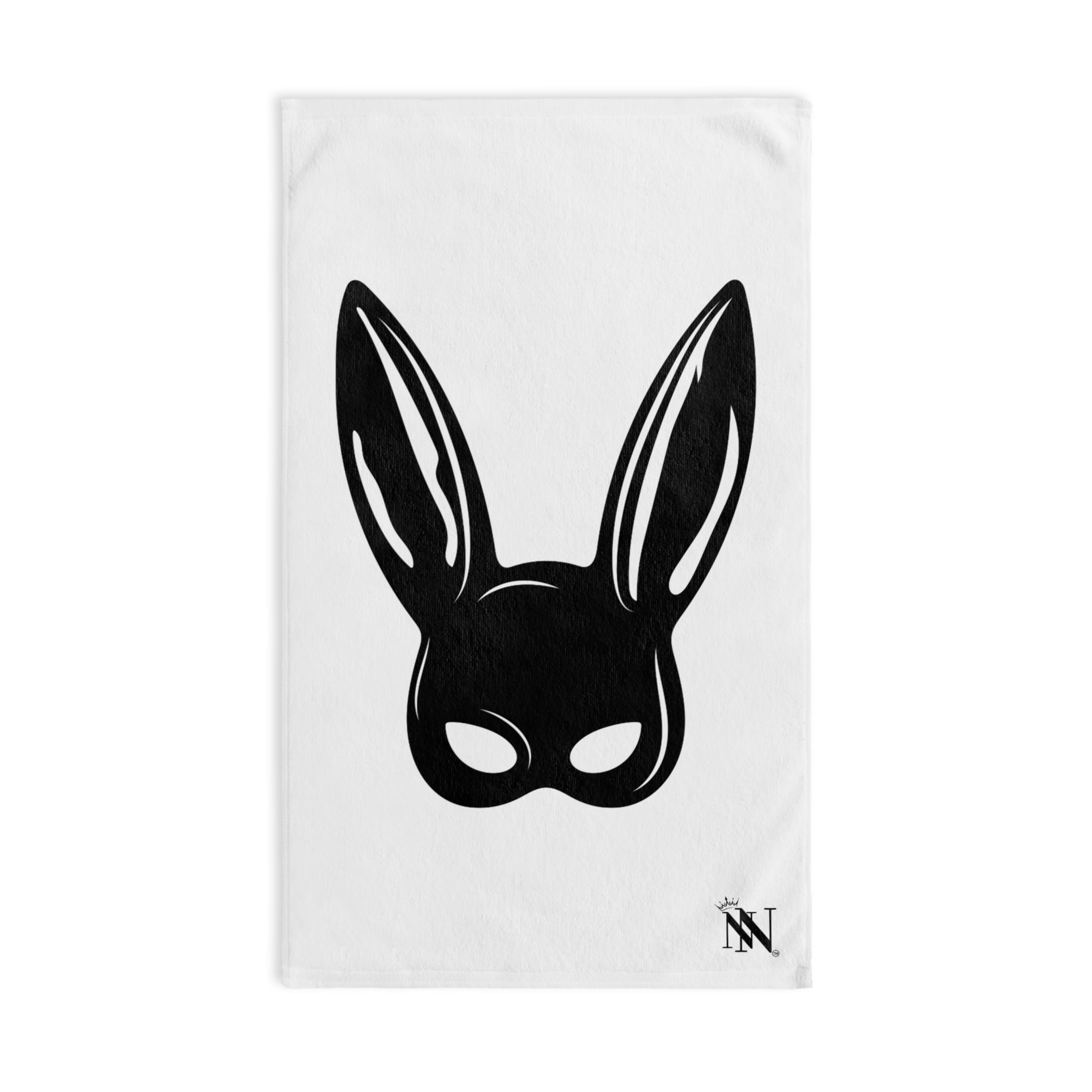 Bunny Mask Sex Cum Towel featuring a bold black bunny mask design on a soft white towel. Fun, sexy, and absorbent for intimate moments.