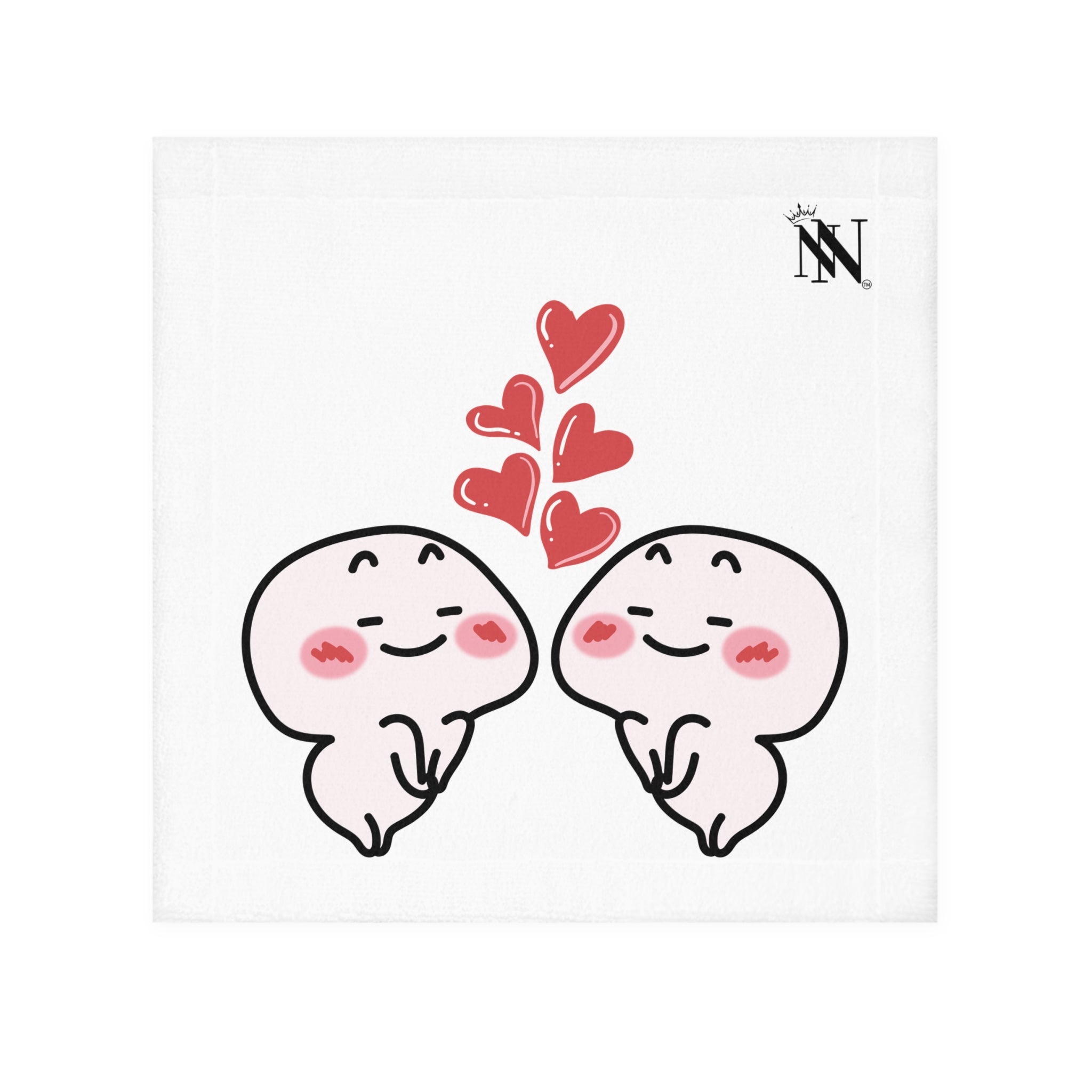 Too Cute After-Sex Cum Towel featuring a playful design of two blushing characters with hearts, perfect for intimate moments. Fun and flirty hand towel for couples.