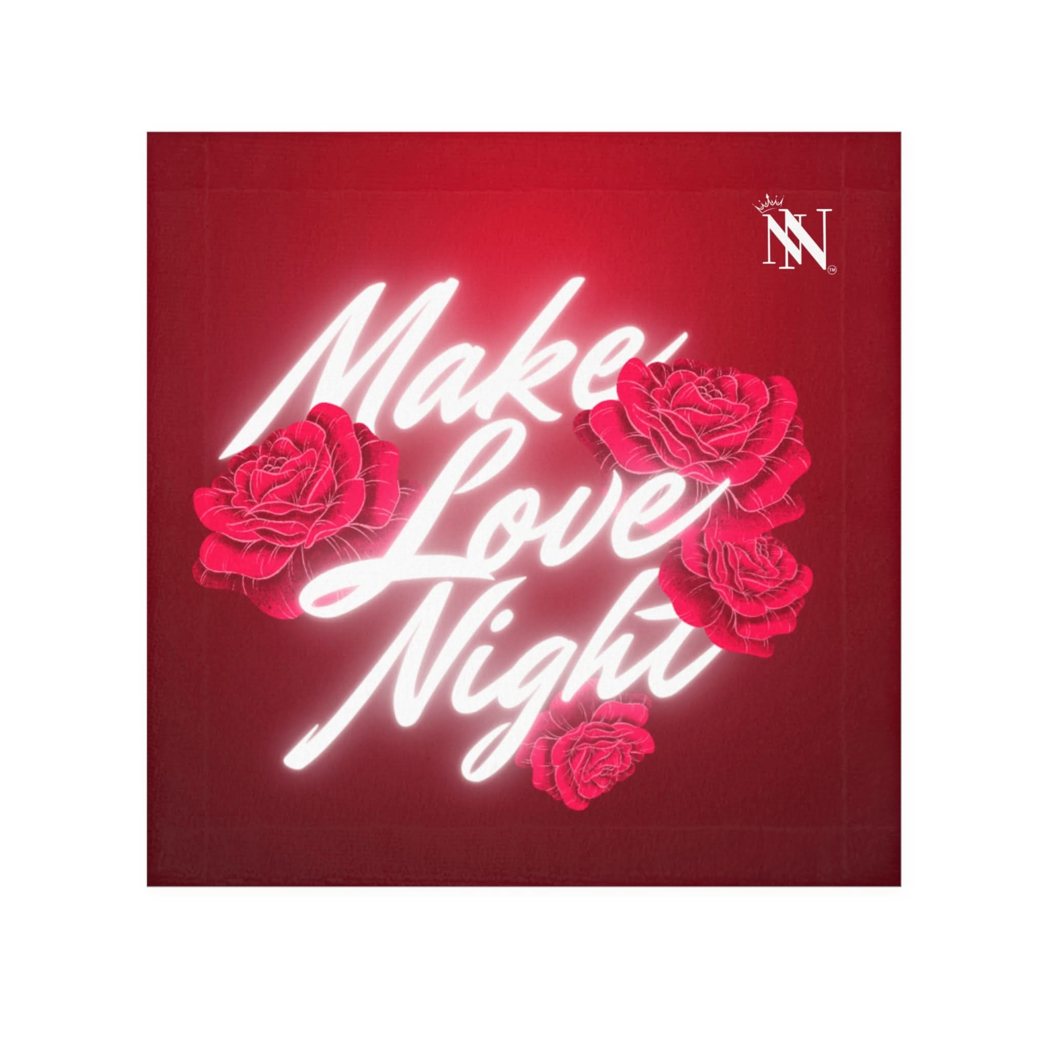 Make Love Night Best After-Sex Towel in vibrant red with glowing white text and rose designs. Perfect for intimate moments and flirty gifts.