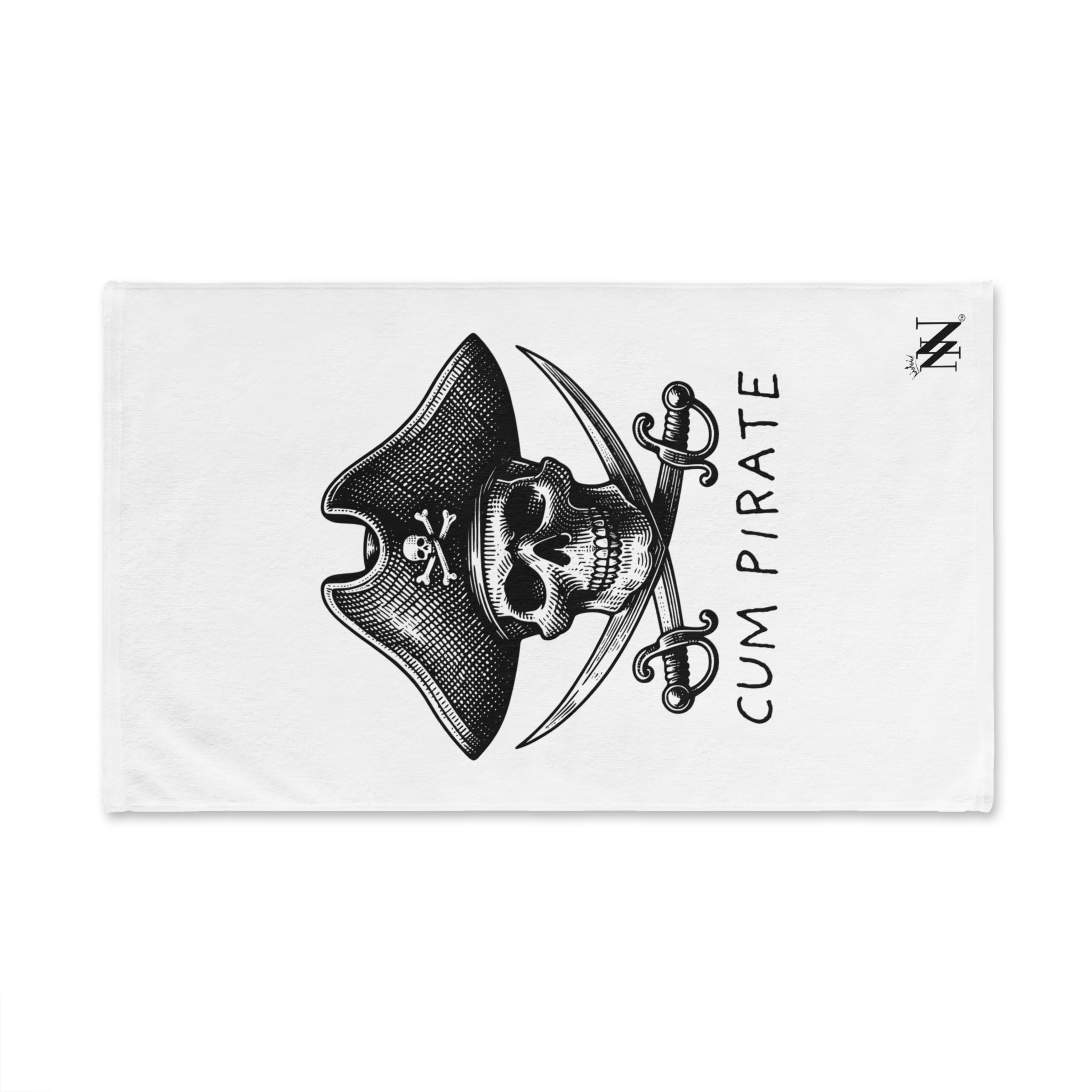 Horizontal white towel with a pirate skull, crossed swords, and 'Cum Pirate' text, combining humor and practicality for couples.