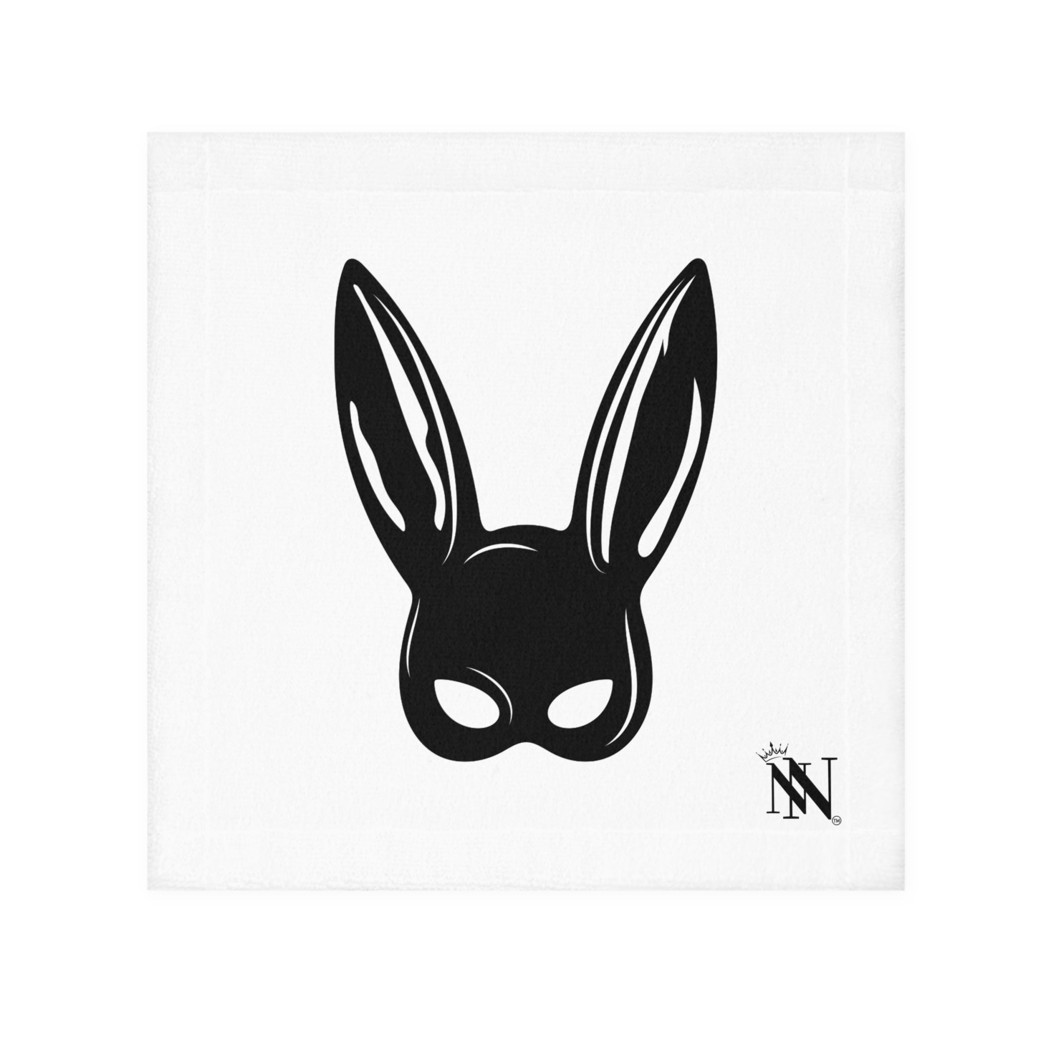 Bunny Mask After-Sex Cum Towel featuring a bold black bunny mask design on a soft white fabric. Perfect for intimate moments and playful cleanup.