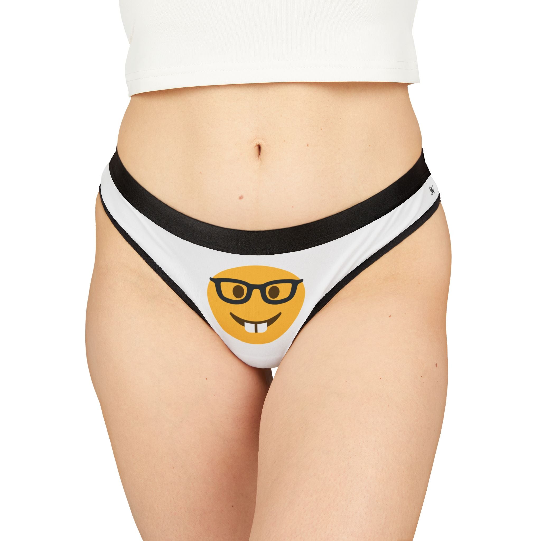 Women's thongs featuring a playful nerd emoji design with black trim. Sexy and comfy lingerie perfect for intimate moments.