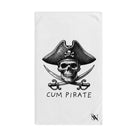 White towel featuring a pirate skull with crossed swords and the text 'Cum Pirate,' designed for fun and intimate bedroom use.