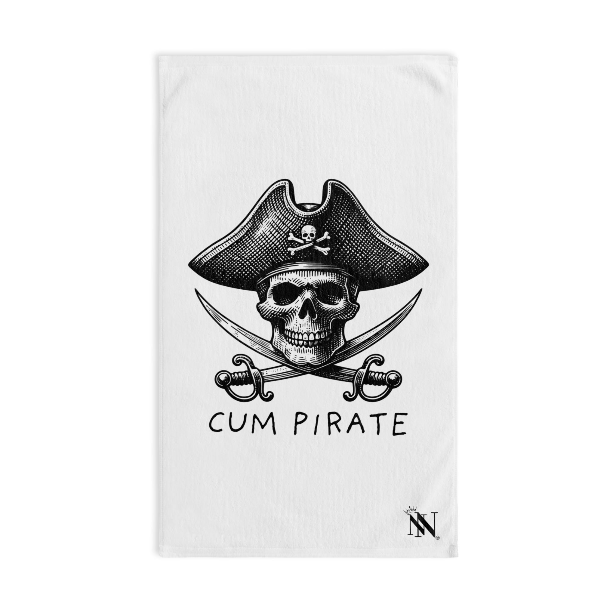 White towel featuring a pirate skull with crossed swords and the text 'Cum Pirate,' designed for fun and intimate bedroom use.