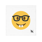 Sexy Nerd Emoji After-Sex Cum Towel featuring a playful nerd emoji with glasses and buck teeth on a soft white fabric. Fun and flirty intimate accessory for couples.