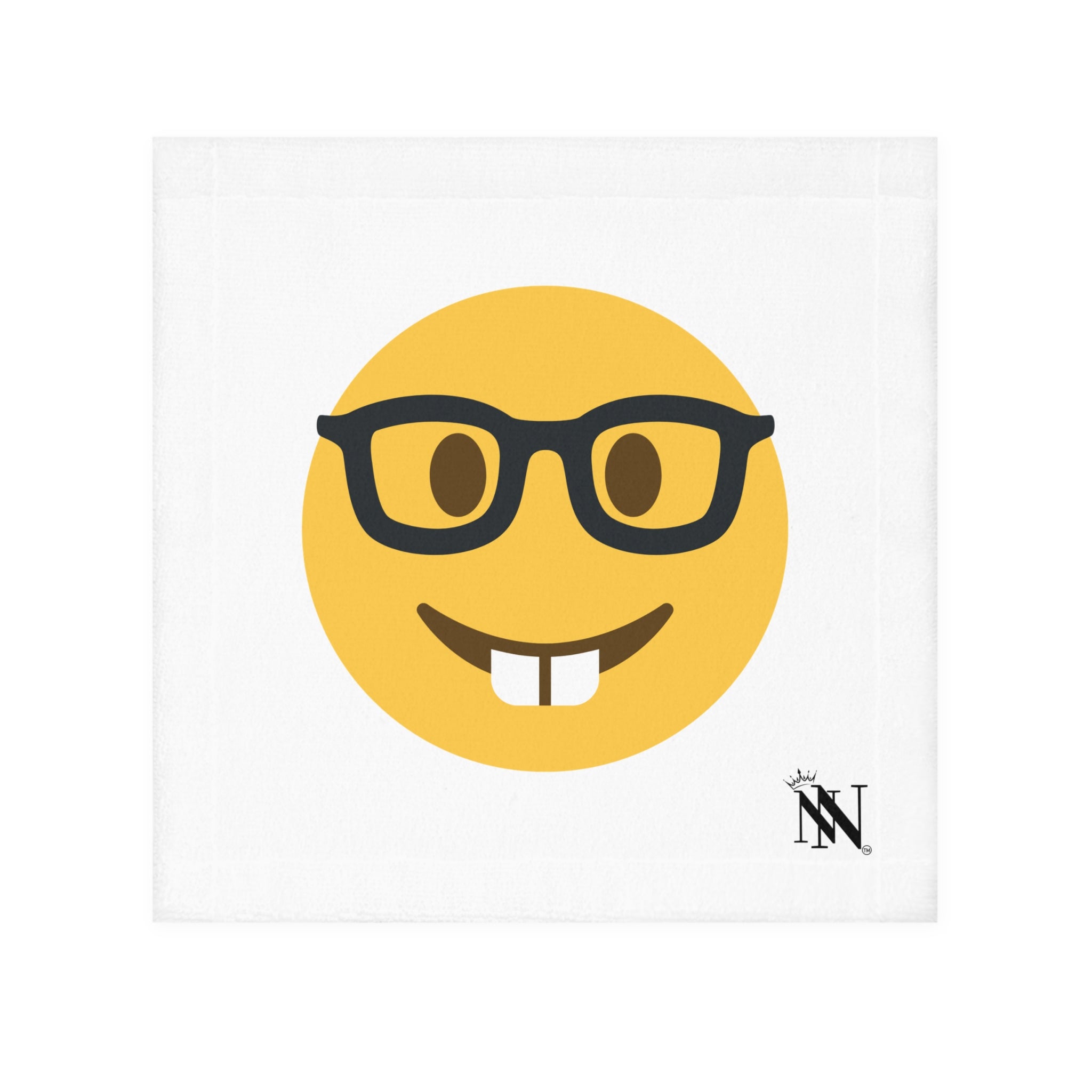 Sexy Nerd Emoji After-Sex Cum Towel featuring a playful nerd emoji with glasses and buck teeth on a soft white fabric. Fun and flirty intimate accessory for couples.