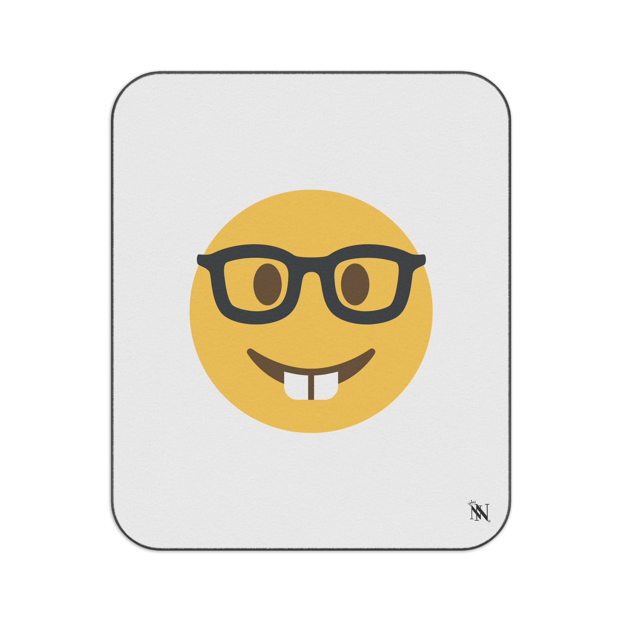 Sexy Nerd Emoji water-resistant travel squirt-friendly sex blanket featuring a playful nerd emoji design with glasses and buck teeth. Perfect for intimacy and romantic adventures.