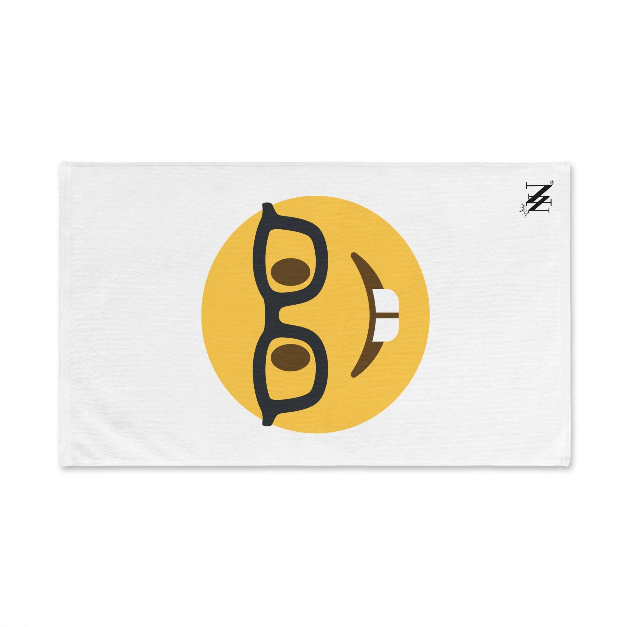 Sexy Nerd Emoji Sex Cum Towel featuring a playful nerd emoji with glasses and a toothy grin on a soft white absorbent fabric. Perfect for intimate moments and fun bedroom essentials.