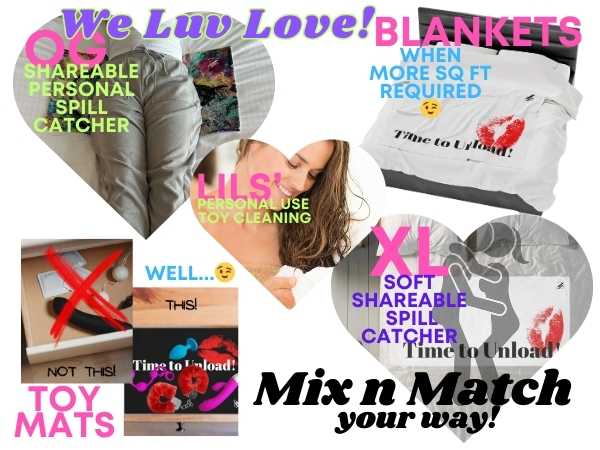 Collage showcasing After-Sex Towels for various uses, including blankets, toy mats, and personal cleanup options.