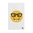 Sexy Nerd Emoji Sex Cum Towel featuring a playful nerd emoji with glasses and buck teeth on a white soft and absorbent towel. Perfect for intimate moments and fun bedroom essentials.