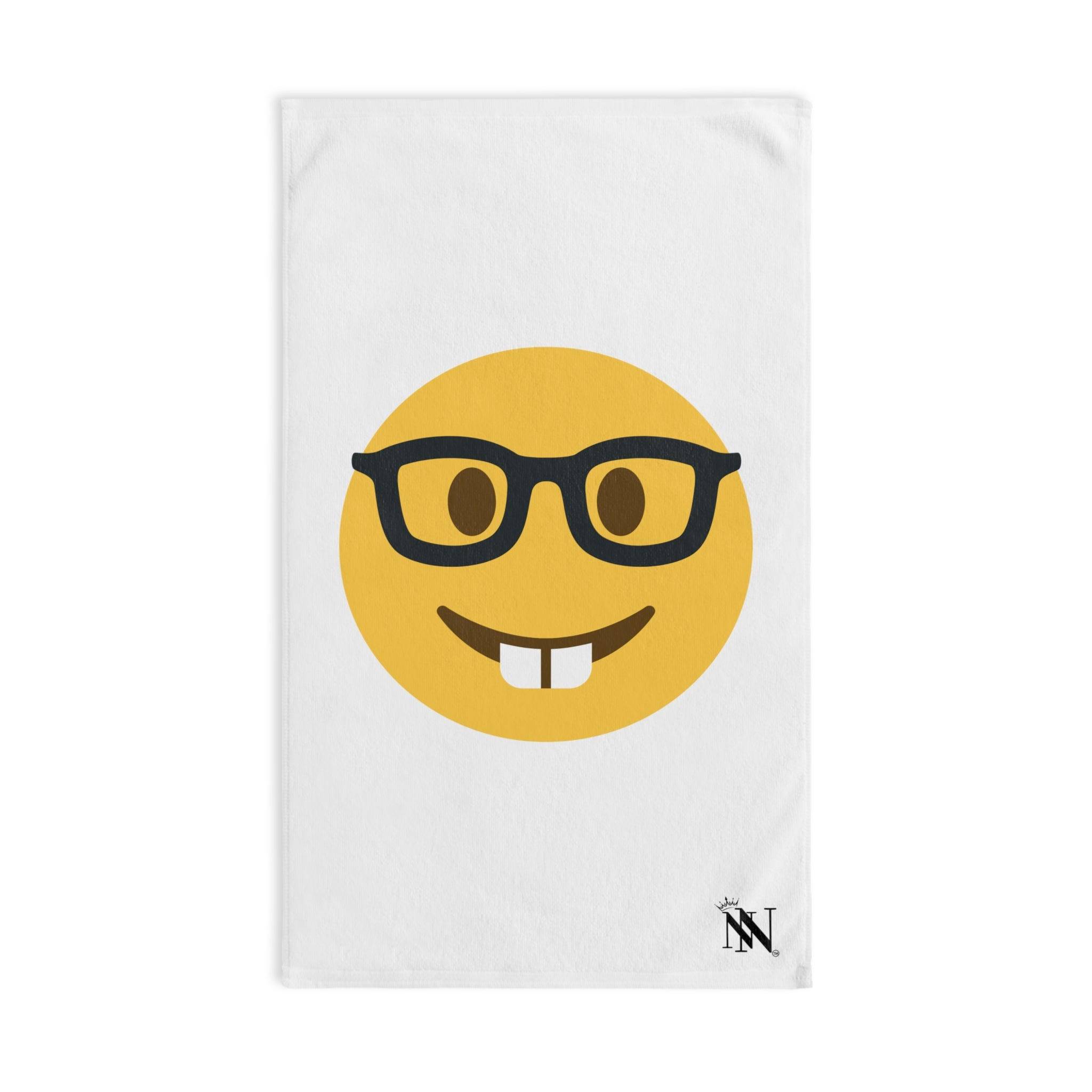 Sexy Nerd Emoji Sex Cum Towel featuring a playful nerd emoji with glasses and buck teeth on a white soft and absorbent towel. Perfect for intimate moments and fun bedroom essentials.