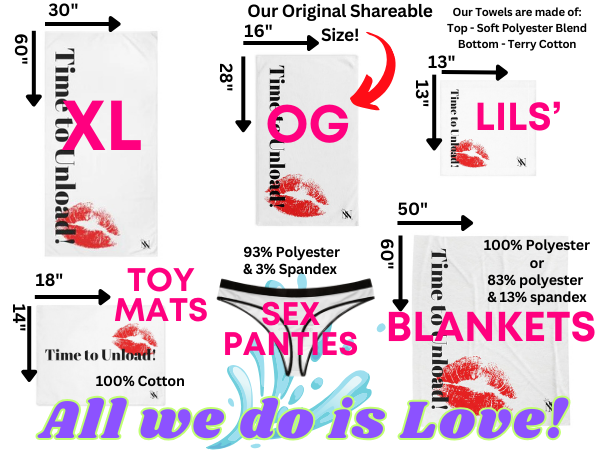 Size comparison chart for After-Sex Towels, including XL, OG, and Lils' sizes, with details on materials and uses.